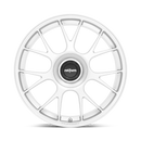 Front face view of a Rotiform TUF a monoblock forged aluminum 7 Y shape spoke automotive wheel in a gloss silver finish with the word Forged embossed in the bead ring and a black center cap with a silver Rotiform logo.