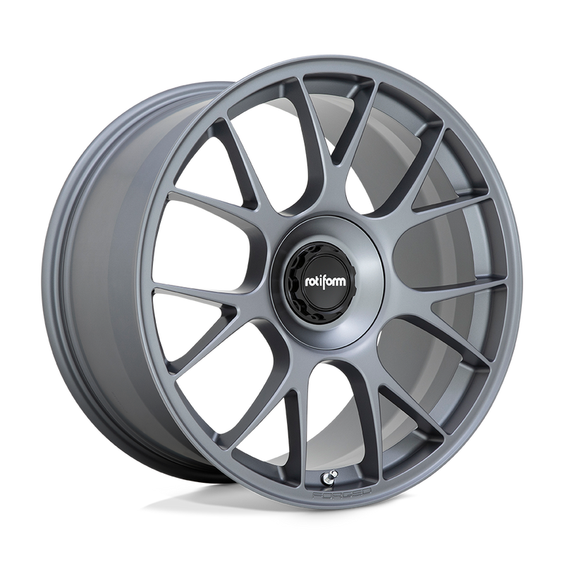 Rotiform TUF a monoblock forged aluminum 7 Y shape spoke automotive wheel in a satin titanium finish with the word Forged embossed in the bead ring and a black center cap with a silver Rotiform logo.