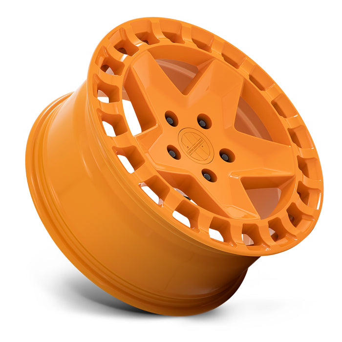 Tilted Side View Of An 18" Victor Equipment Alpen Cast Aluminum 5 Spoke Concave Wheel In A Gloss Orange Finish With A Square Hole Design To The Outer Edge