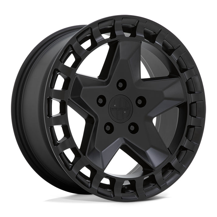 18" Victor Equipment Alpen Cast Aluminum 5 Spoke Concave Wheel In A Matte Black Finish With A Square Hole Design To The Outer Edge