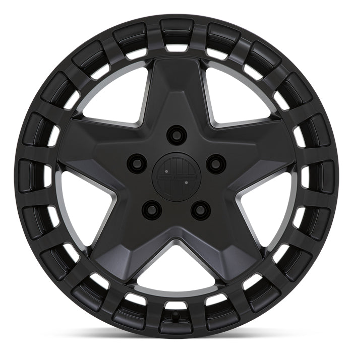 Front Face View Of 17" Victor Equipment Alpen Cast Aluminum Concave 5 Spoke Wheel In Matte Black with 20 Square Hole Pattern On Lip