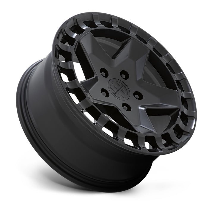 Tilted Side View Of An 18" Victor Equipment Alpen Cast Aluminum 5 Spoke Concave Wheel In A Matte Black Finish With A Square Hole Design To The Outer Edge