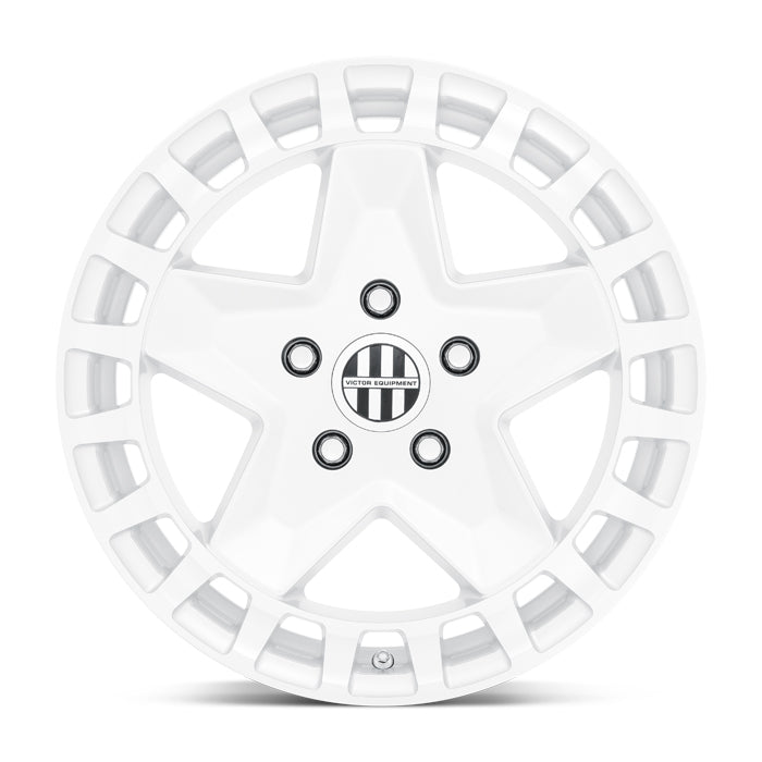 Front Face View Of 17" Victor Equipment Alpen Cast Aluminum Concave 5 Spoke Wheel In Gloss White with 20 Square Hole Pattern On Lip