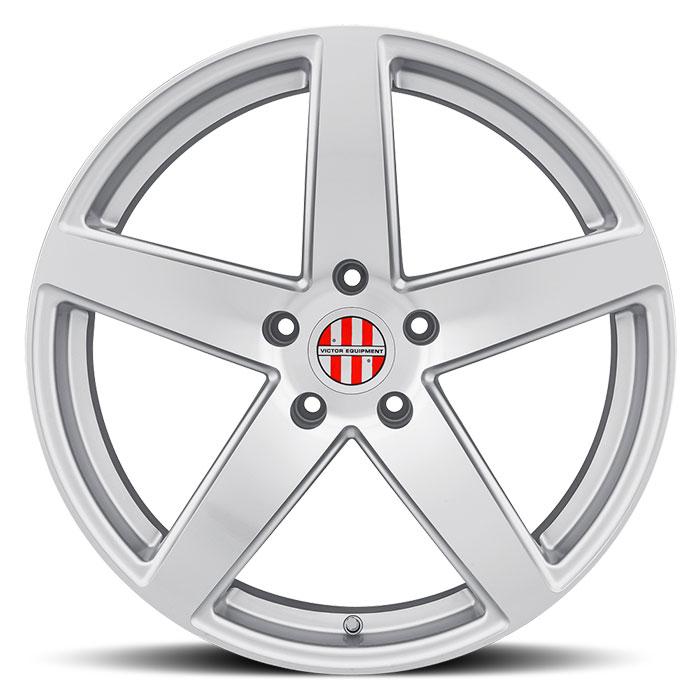 Front Facing View Of Victor Equipment Wheels' 20" Baden Model, A Flow Formed Aluminum 5 Spoke Design Wheel In A Silver Finish With A Mirror Cut Face