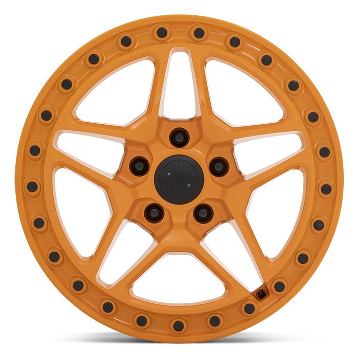 Front Face View Of 17" Victor Equipment Berg Cast Aluminum 5 Double Spoke Wheel In Gloss Orange With Black Bolt Pattern Around The Edge