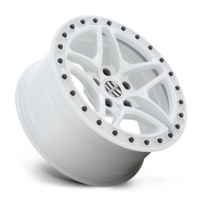 Tilted Side View Of 17" Victor Equipment Berg Cast Aluminum 5 Double Spoke Wheel In Gloss White With Black Bolt Pattern Around The Edge