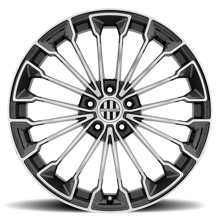 Front Face View Of An 18" Victor Equipment Wurttemburg Flow Formed Aluminum Multi Spoke Wheel In A Gun Metal Gray Finish With A Mirror Cut Face