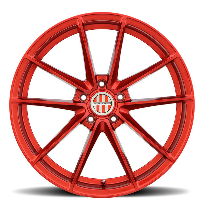 Front Facing View Of Victor Equipment Wheels' 21" Zuffen Model, A Flow Formed Aluminum 10 Spoke Wheel In A Candy Red Finish