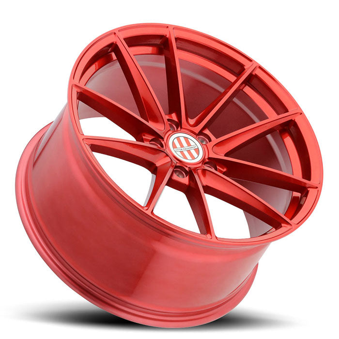 Tilted Side View Of Victor Equipment Wheels' 21" Zuffen Model, A Flow Formed Aluminum 10 Spoke Wheel In A Candy Red Finish