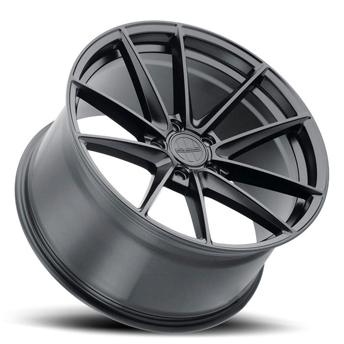 Tilted Side View Of Victor Equipment Wheels' 20" Zuffen Model, A Flow Formed Aluminum 5 V Shape Spoke Wheel In A Matte Black Finish