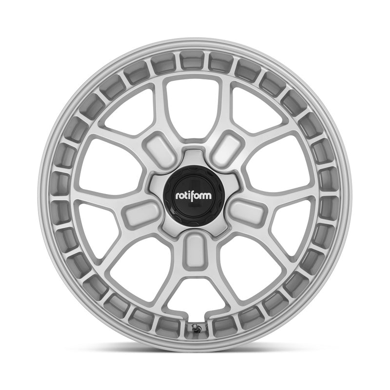 Front face view of a Rotiform ZMO-M monoblock cast aluminum 5 Y shape spoke automotive wheel in a gloss silver finish with a square hole pattern to the outer edge and a black center cap with a silver Rotiform logo.