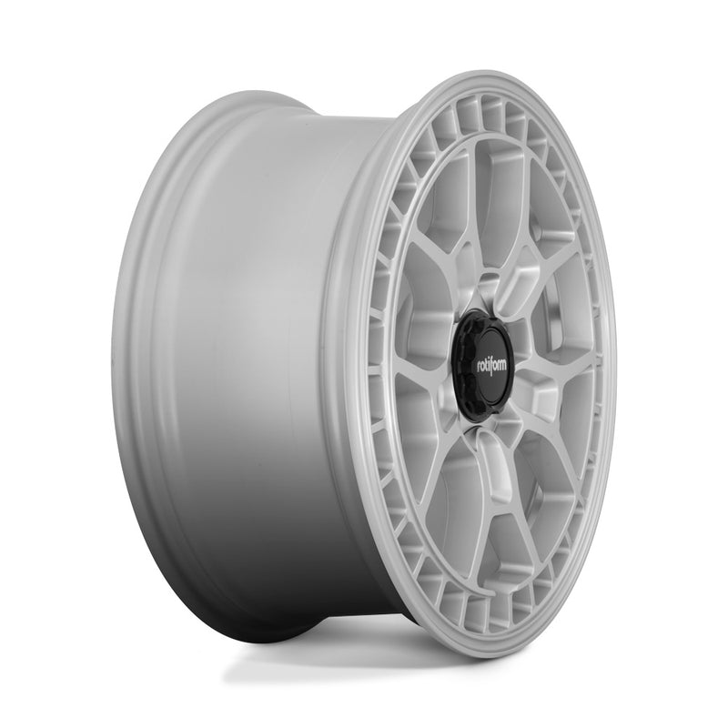 Side view of a Rotiform ZMO-M monoblock cast aluminum 5 Y shape spoke automotive wheel in a gloss silver finish with a square hole pattern to the outer edge and a black center cap with a silver Rotiform logo.
