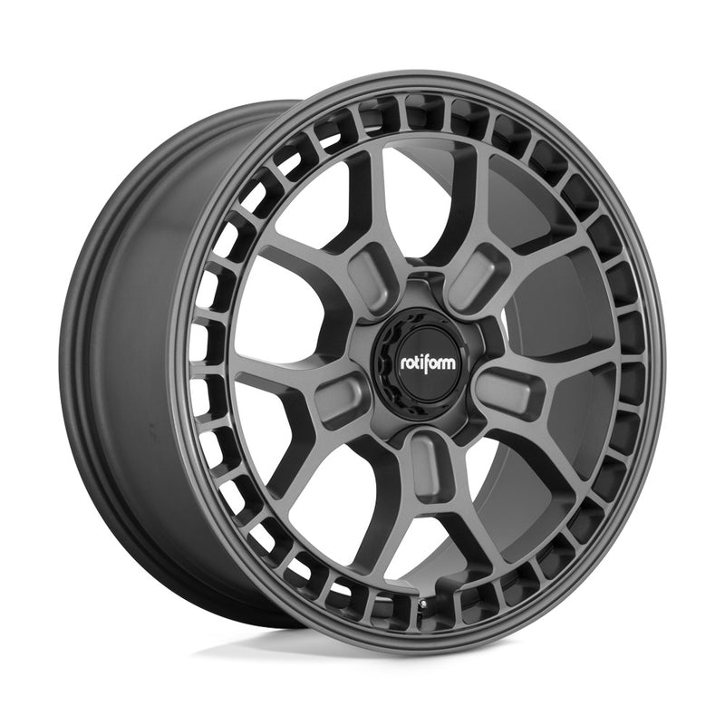 Rotiform ZMO-M monoblock cast aluminum 5 Y shape spoke automotive wheel in a matte anthracite finish with a square hole pattern to the outer edge and a black center cap with a silver Rotiform logo.