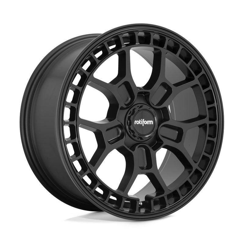 Rotiform ZMO-M monoblock cast aluminum 5 Y shape spoke automotive wheel in a matte black finish with a square hole pattern to the outer edge and a black center cap with a silver Rotiform logo.
