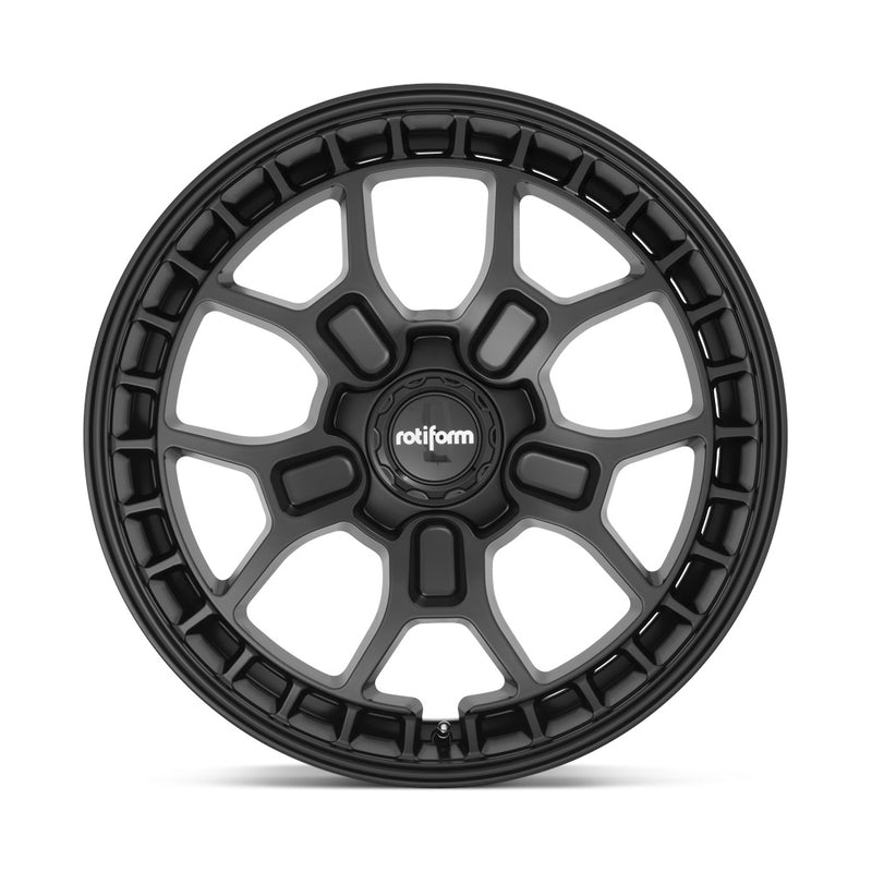 Front face view of a Rotiform ZMO-M monoblock cast aluminum 5 Y shape spoke automotive wheel in a matte black finish with a square hole pattern to the outer edge and a black center cap with a silver Rotiform logo.