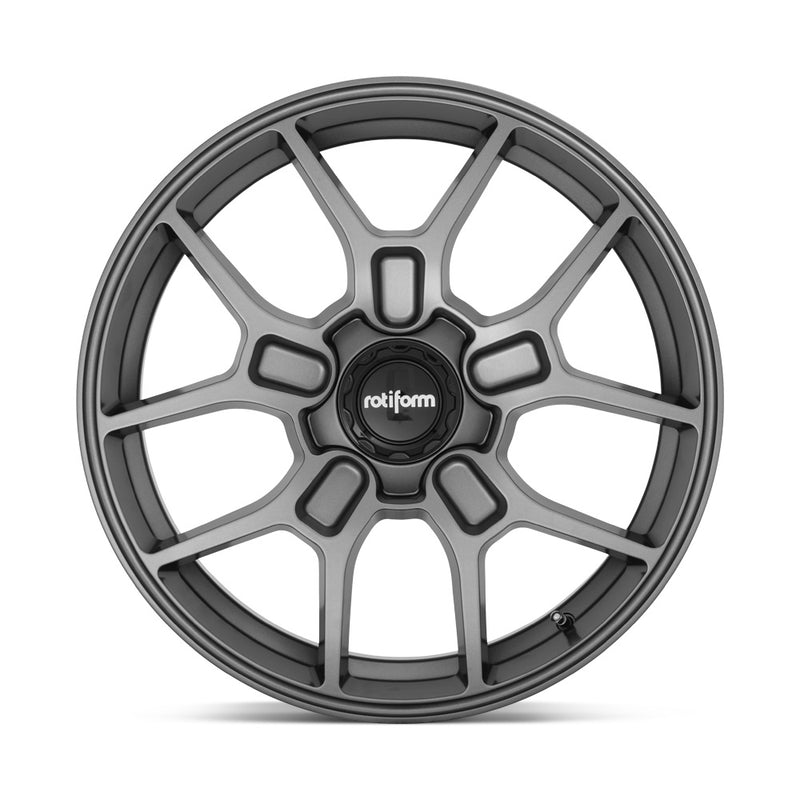 Front face view of a Rotiform ZMO monoblock cast aluminum 5 Y shape spoke automotive wheel in a matte anthracite finish with a black center cap having a silver Rotiform logo.